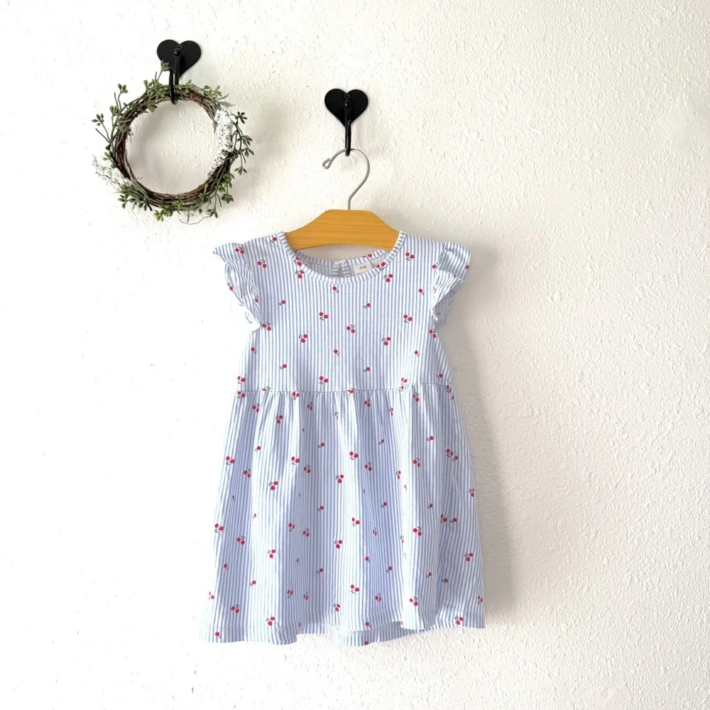 H&M Baby Girl Dress 18M Blue White Pinstripe Cherry Print Cotton